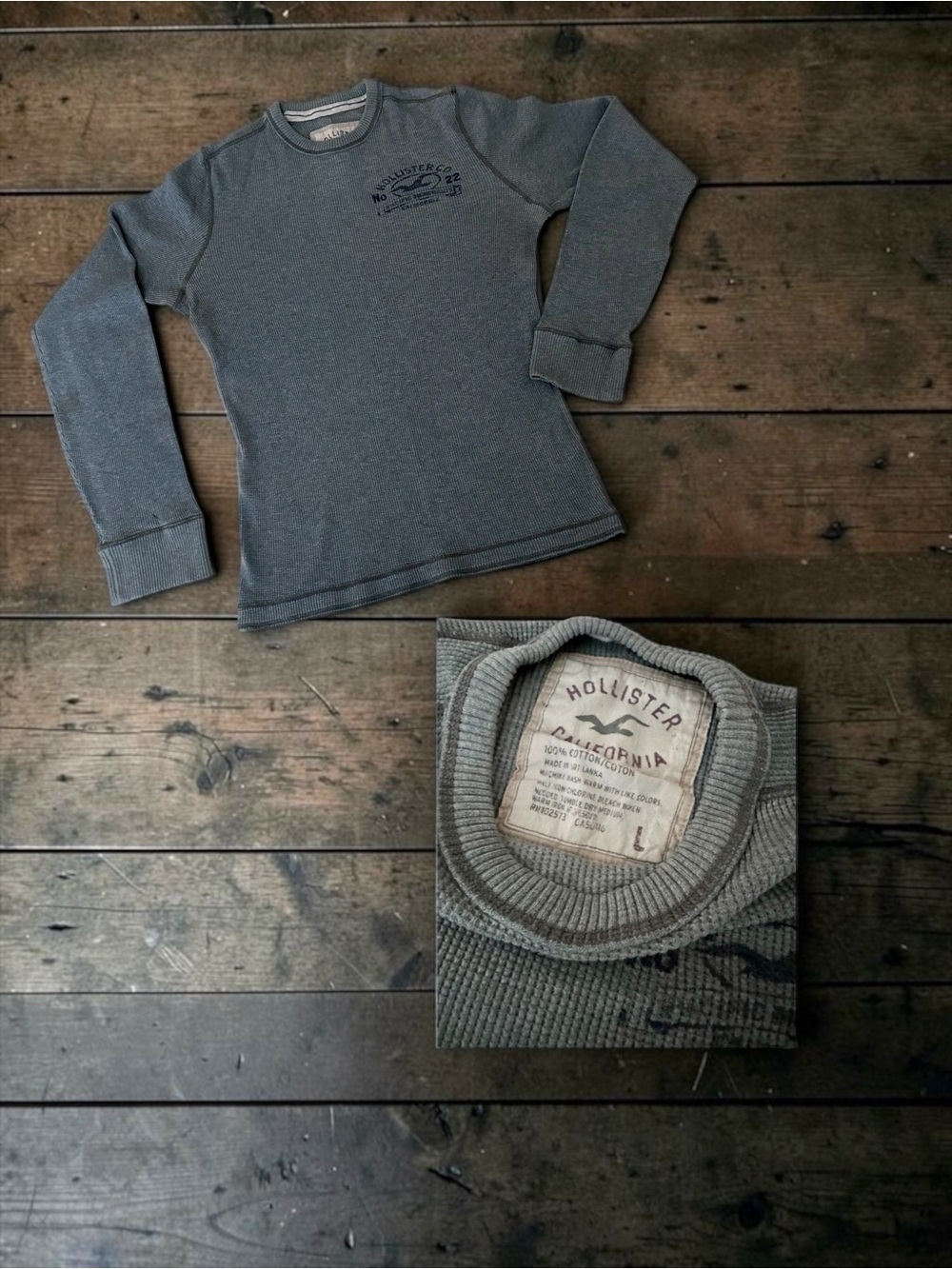 VTG Y2K Hollister No 22 Thermal Waffle Shirt Slate Gray Skater Surf Graphic - L